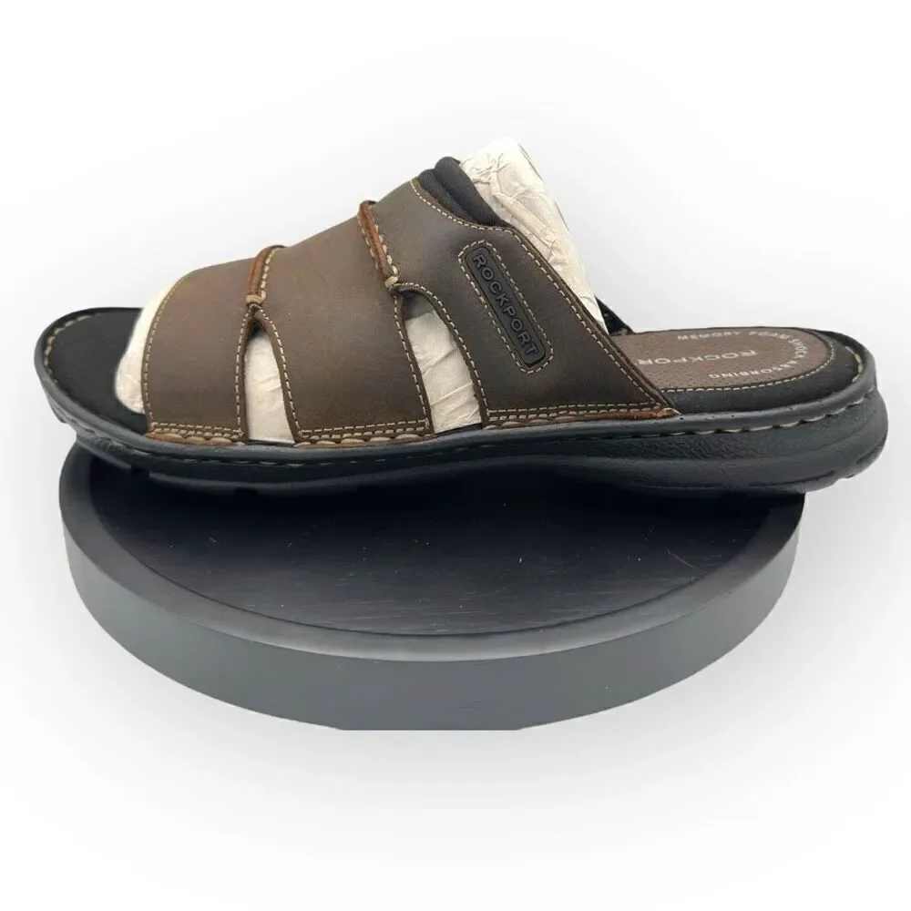 NWOT Rockport Mens Leather Slip-On Flat Heel Darwyn Slide Sandal Brown Size 10